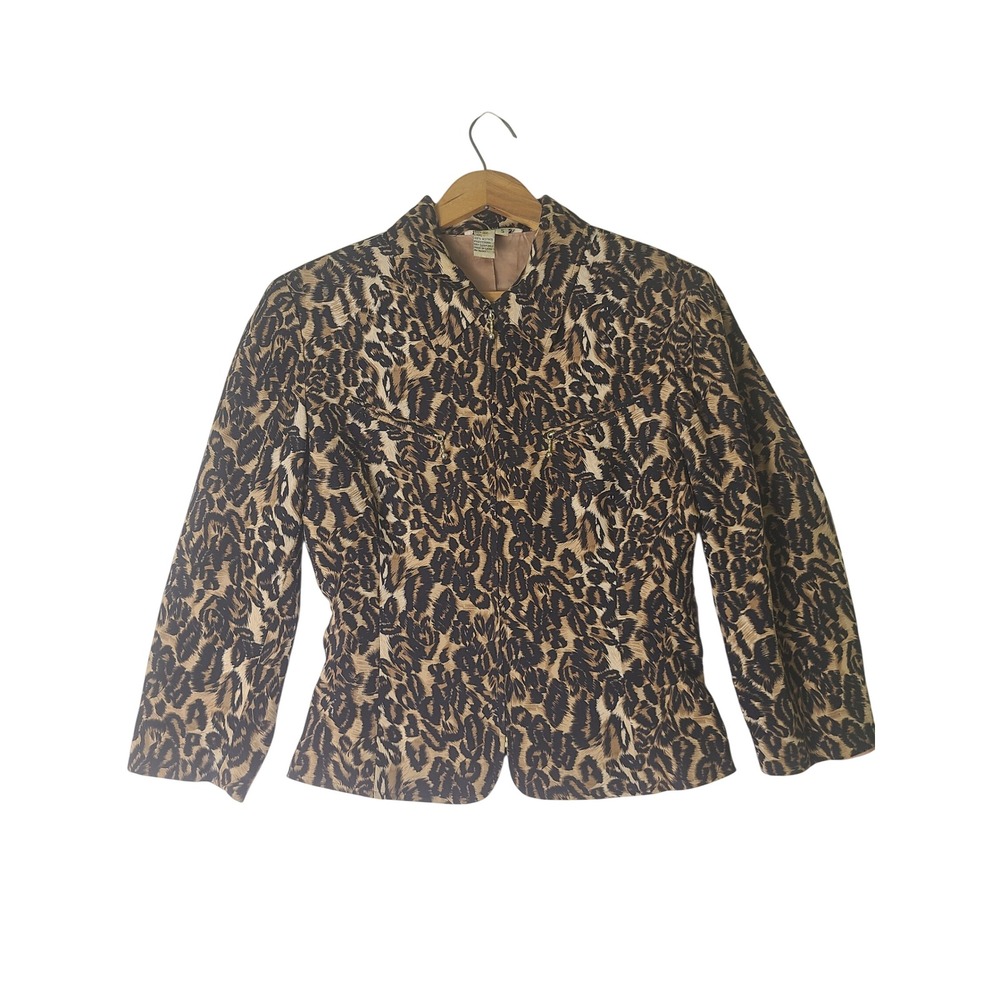 VTG Allison Taylor Blazer S Brown Leopard Print 100% Silk Lined Jacket Old Money
